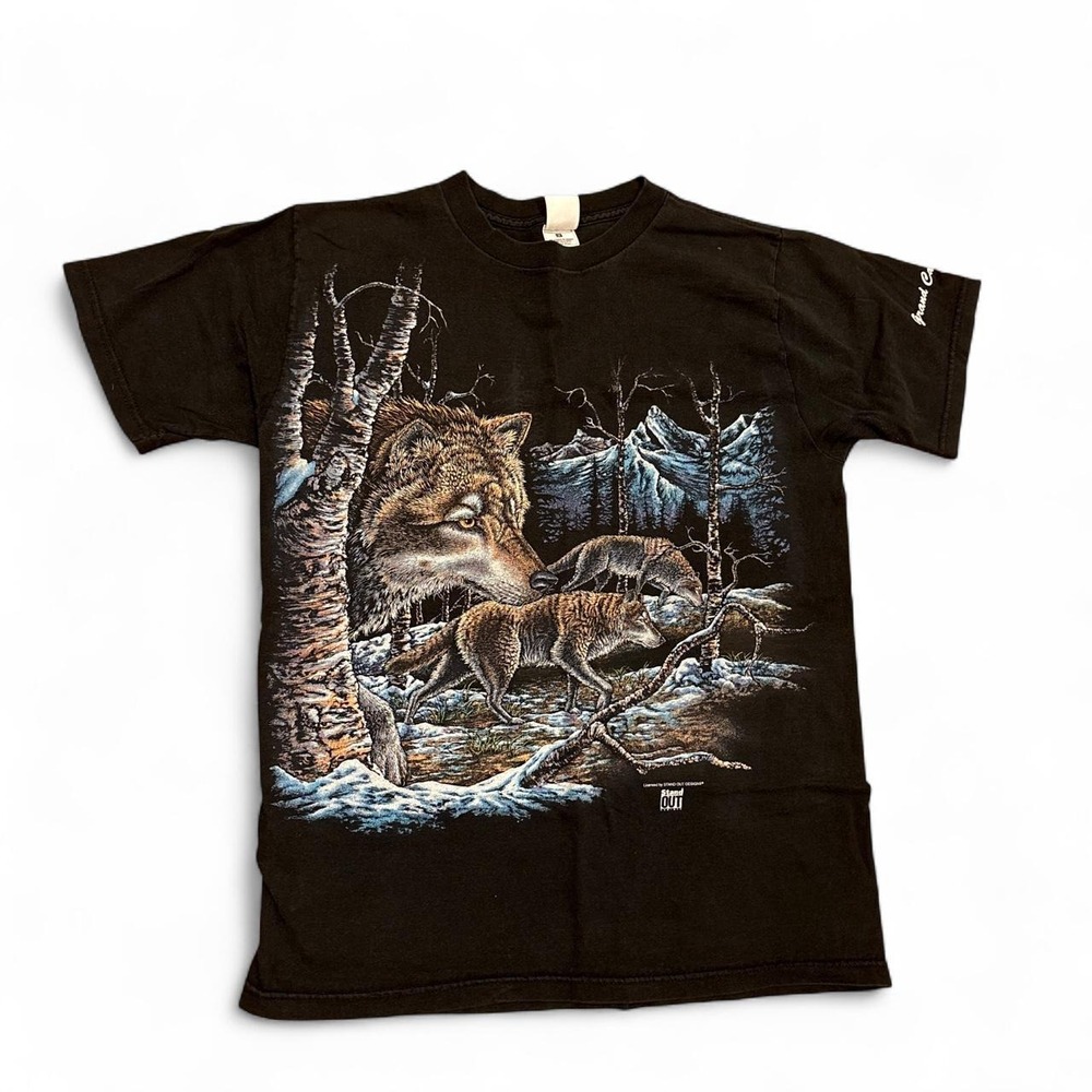 Vintage Fruit of the Loom Wolf Nature Graphic T-Shirt Black Mens Medium